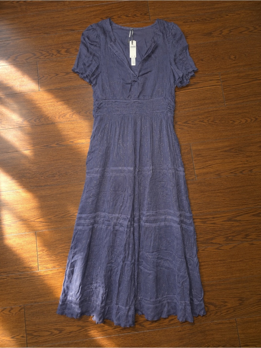 Free People Women's Navy Blue V-Neck Tiered Midi Dress Sz L NWT
